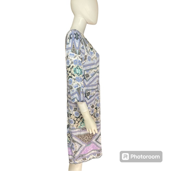 J. Jill Blue Mosaic Floral Knit Midi Shift Dress 3/4 Sleeve Women's Size LP - Picture 2 of 10